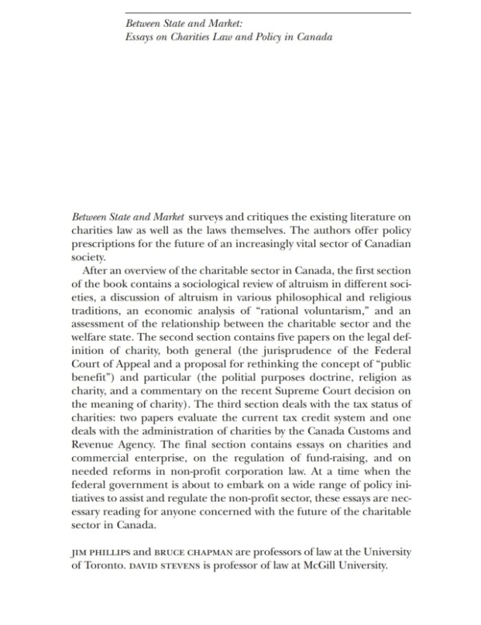 Between State and Market: Essay on Charities Law and Policy in Canada Between State and Market: Essay on Charities Law and Policy in Canada
