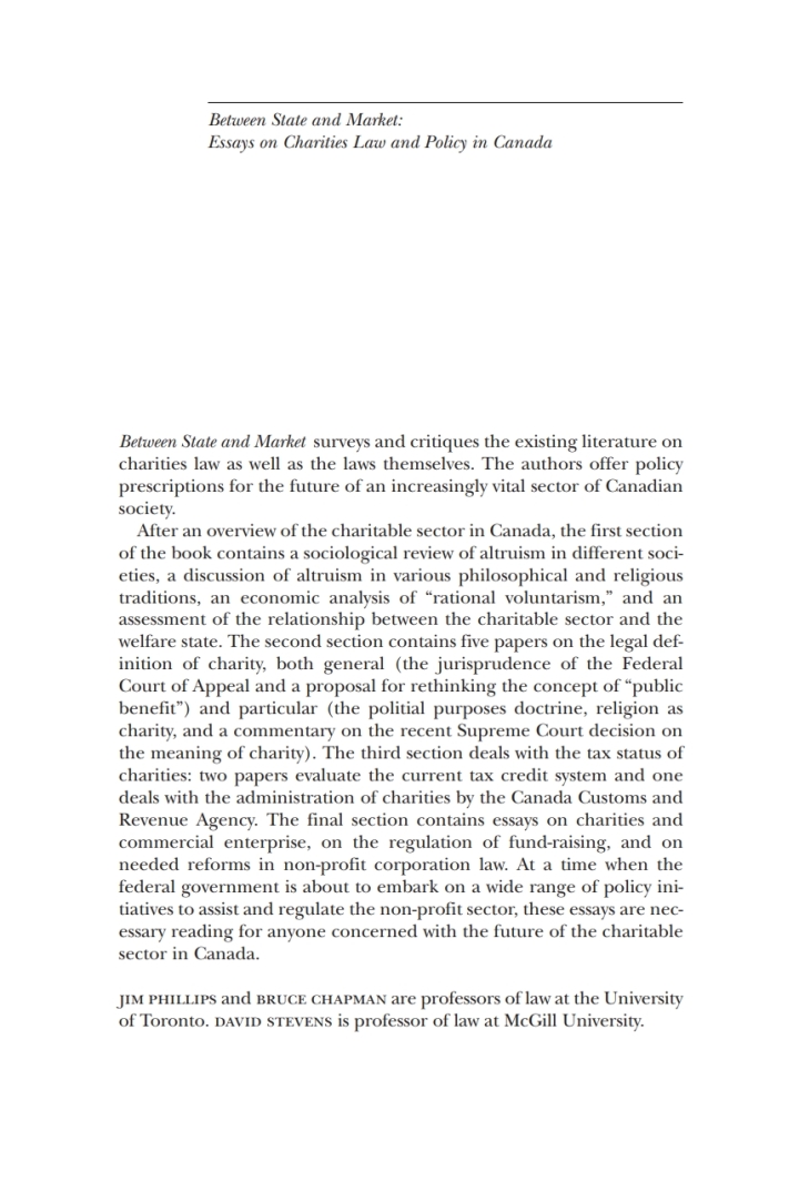 Between State and Market: Essay on Charities Law and Policy in Canada